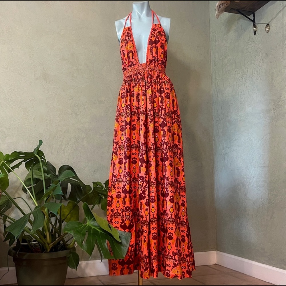 FREE PEOPLE, NWT Long coral halter dress, triangular top & tie bell straps, XS